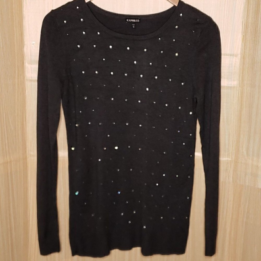 Express Womens Grey Rhinestone Sparkle Sweater Medium